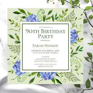 90. Geburtstag Blue Hydrangeas Floral Wasserfarbe Einladung
