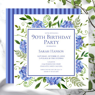 90. Geburtstag Blue Hydrangeas Floral Wasserfarbe Einladung