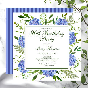 90. Geburtstag Blue Hydrangeas Floral Wasserfarbe Einladung