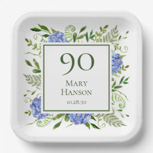 90. Geburtstag Blue Hydrangeas Pappteller