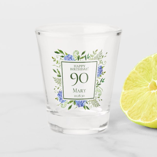 90. Geburtstag Blue Hydrangeas Schnapsglas (Vorderseite)