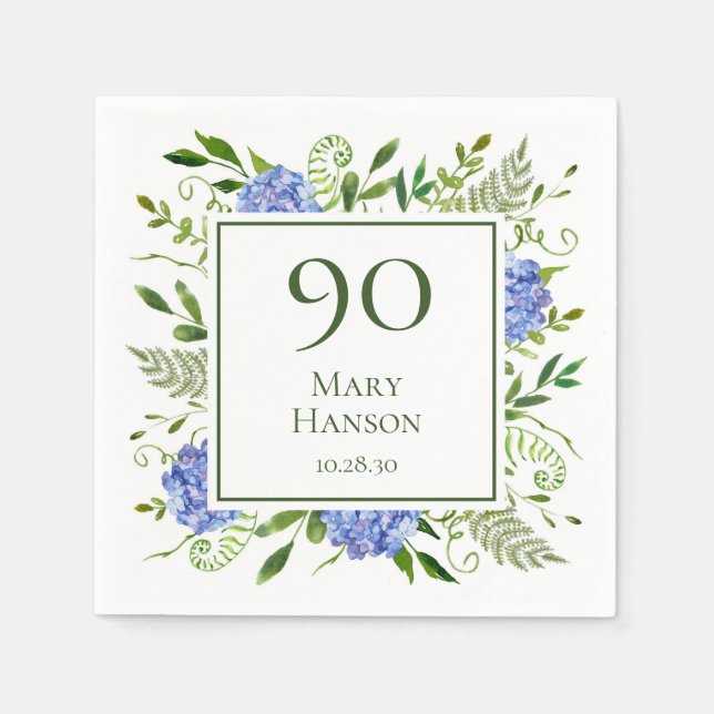 90. Geburtstag Blue Hydrangeas Serviette (Vorderseite)