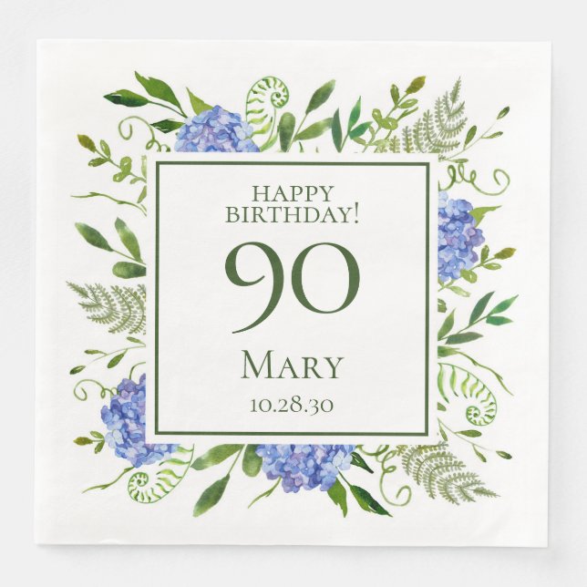 90. Geburtstag Blue Hydrangeas Serviette (Vorderseite)