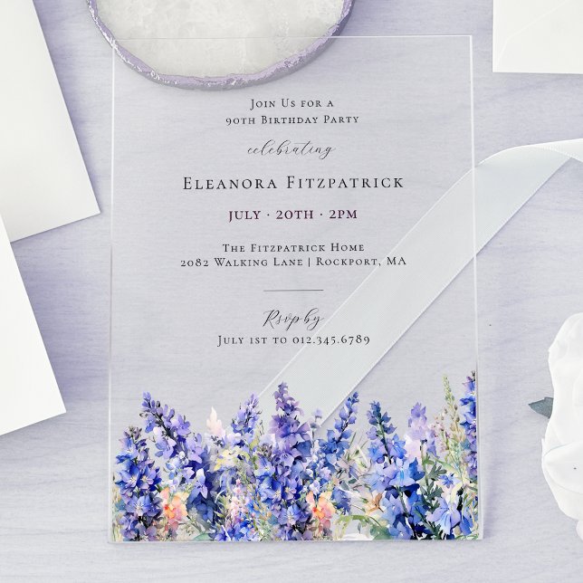 90. Geburtstag Blue Larkspur Juli Geburtstag Blume Acryleinladungen (Von Creator hochgeladen)