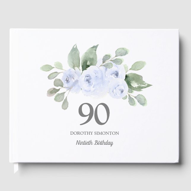 90. Geburtstag Blue Rose Floral Guest Book Gästebuch (Vorderseite)
