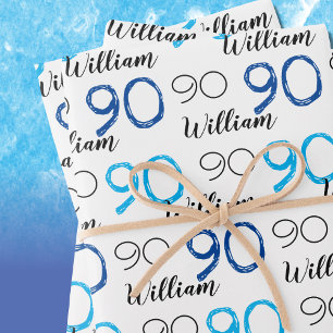 90. Geburtstag Blue thematied Custom Age Name Geschenkpapier Set