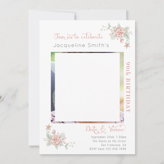 90. Geburtstag Blumenladen Foto Einladung (Vorderseite)