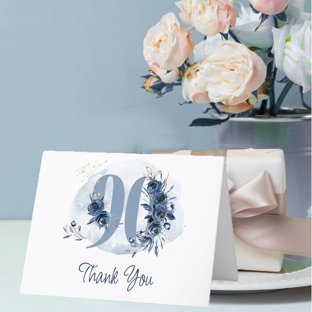 90. Geburtstag Blumennummer Küste Blau Dankeskarte (90th Birthday Thank You card from my Floral Number Birthday Party Collection)