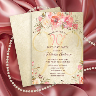 90. Geburtstag Blumenrosa Rosen Goldschimmer Party Einladung