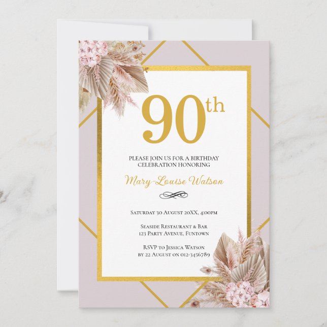 90. Geburtstag Boho Floral Einladung (Vorderseite)