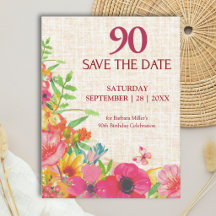 90. Geburtstag Bold Floral Leinen Save The Date