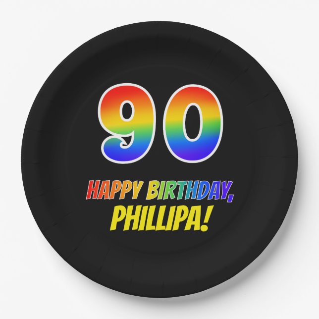 90. Geburtstag: Bold, Fun, Simple, Rainbow 90 Pappteller (Vorderseite)