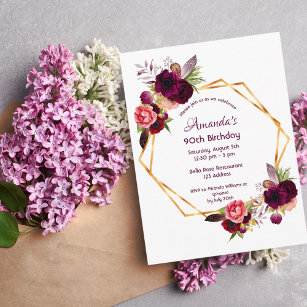 90. Geburtstag burgund florales Gold Einladung Postkarte
