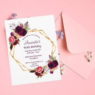 90. Geburtstag burgund florales Gold Einladung Postkarte