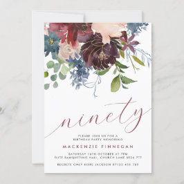 90. Geburtstag Burgund & Navy Blumenskript-Party Einladung