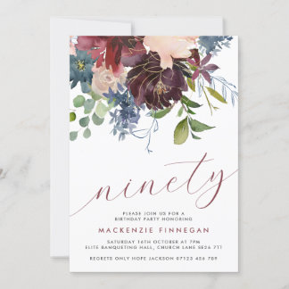 90. Geburtstag Burgund & Navy Blumenskript-Party Einladung