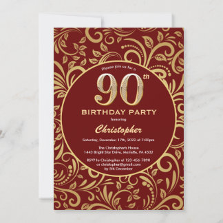 90. Geburtstag Burgund Rot und Gold Floral Muster Einladung