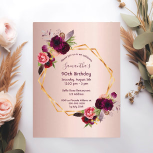 90. Geburtstag Burgunder Blumen Rose Gold Einladun Postkarte