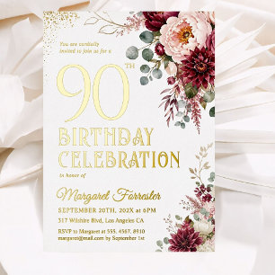 90. Geburtstag Burgunder-Rosen-Blumen Echtgold Folieneinladung