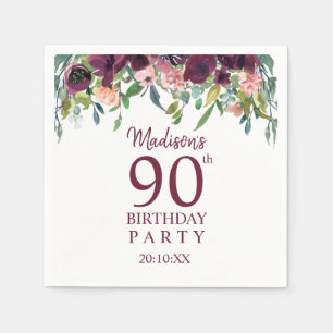 90. Geburtstag   Burgundy Marsala Floral Party Serviette
