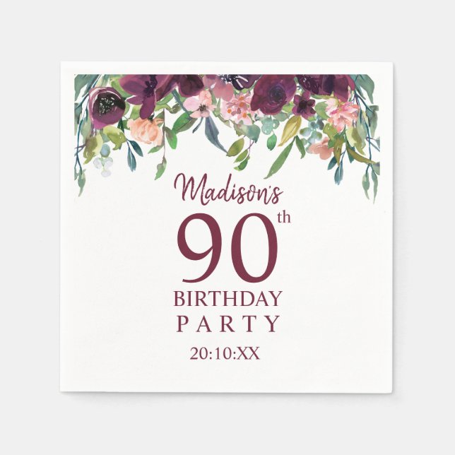 90. Geburtstag | Burgundy Marsala Floral Party Serviette (Vorderseite)