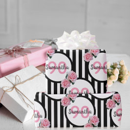 90. Geburtstag chic rosa Rosen Schwarz-weiße Strei Geschenkpapier
