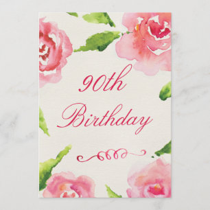 90. Geburtstag Chic Watercolor-Rose Einladung