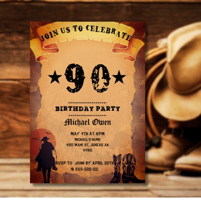 90. Geburtstag Cowboy Alt-Papier Reiten Party Einladung (Von Creator hochgeladen)