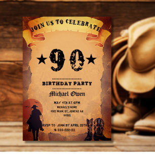 90. Geburtstag Cowboy alte Papierpferd Reitparty Einladung