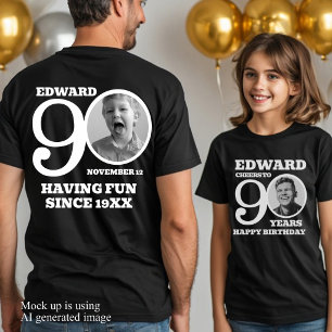 90. Geburtstag doppelseitiges Foto Name weißer Tex T-Shirt