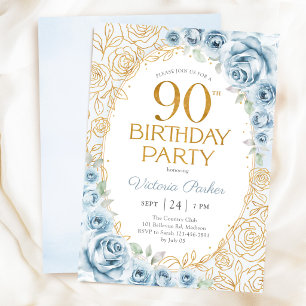90. Geburtstag Dusty Blue Gold Floral Weiblich Einladung