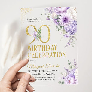 90. Geburtstag Dusty Purple Floral Gold Glitter Acryleinladungen