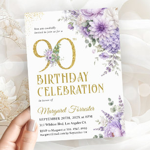 90. Geburtstag Dusty Purple Floral Gold Glitter Einladung