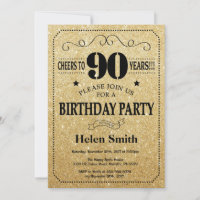 90. Geburtstag Einladung Black and Gold Glitzer