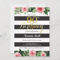 90. Geburtstag Einladung Frauen. Floral Gold Black