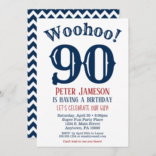 90. Geburtstag Einladung Mens Navy Blue (Vorne/Hinten)