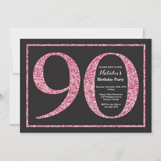 90. Geburtstag Einladung Pink Glitzer Chalkboard (Vorderseite)