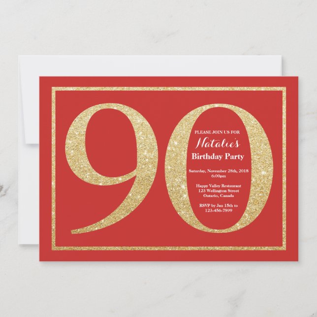 90. Geburtstag Einladung Rot und Gold Glitzer (Vorderseite)