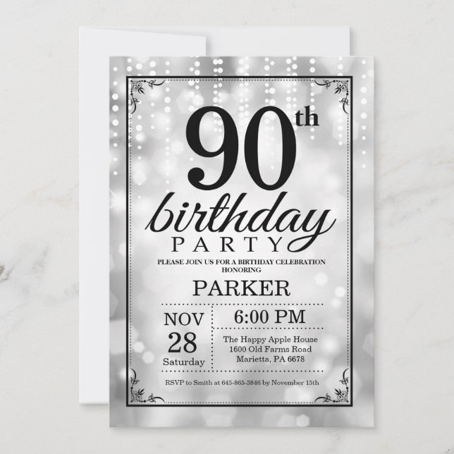 90. Geburtstag Einladung Silberner Glitzer (Vorderseite)