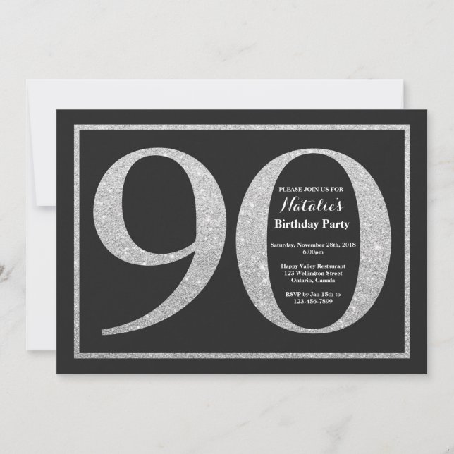 90. Geburtstag Einladung Silver Glitzer Chalkboard (Vorderseite)
