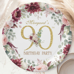 90. Geburtstag Elegant Burgunder-Rosa-Blüten Pappteller