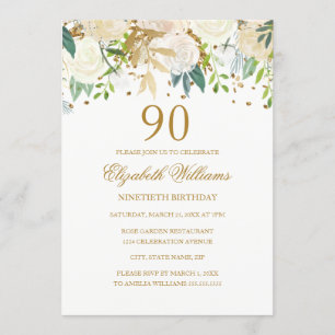 90. Geburtstag Elegant Gold Floral Einladung