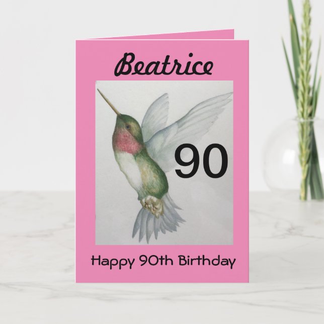 90. Geburtstag Elegant Pink Hummingbird Wasserfarb Karte (Vorderseite)