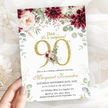 90. Geburtstag Elegante Florale Burgunderrot- und