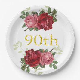 90. Geburtstag, Elegante, Vintage, rote Rose, kund Pappteller