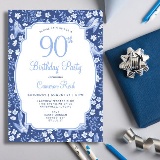 90. Geburtstag Elegantes Blau Florales Weibliches Einladung