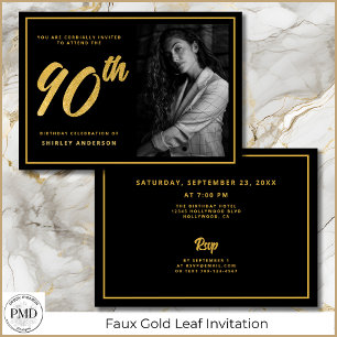 90. Geburtstag Elegantes Foto Black Imitats Gold L Einladung
