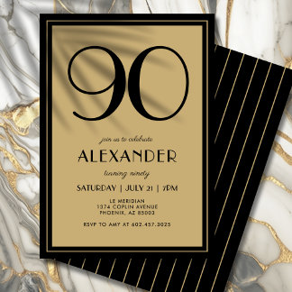 90. Geburtstag Erwachsene Schwarz und Gold Modern Einladung