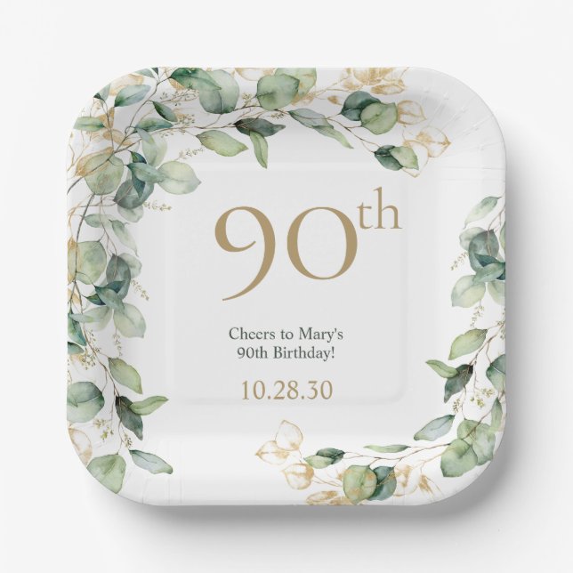 90. Geburtstag Eukalyptus Pappteller (Vorderseite)