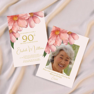90. Geburtstag Foto Blush Pink Gold Wasserfarbe Einladung